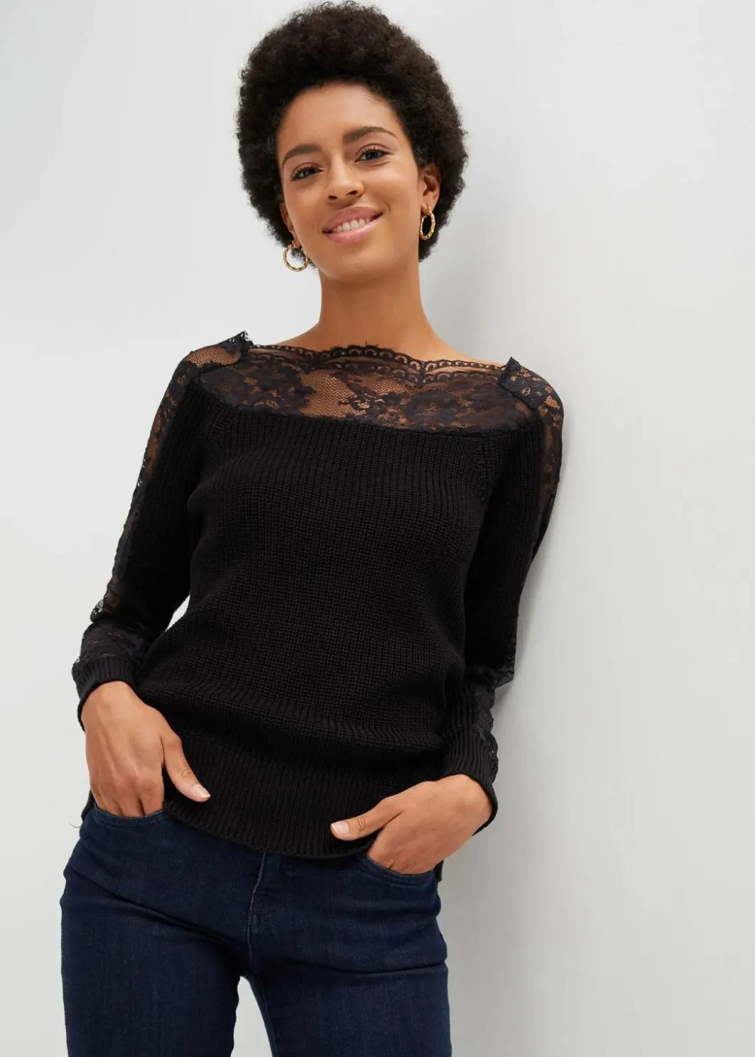 Pullover mit Spitze Damen Strickmode|Pullover & Strickjacken