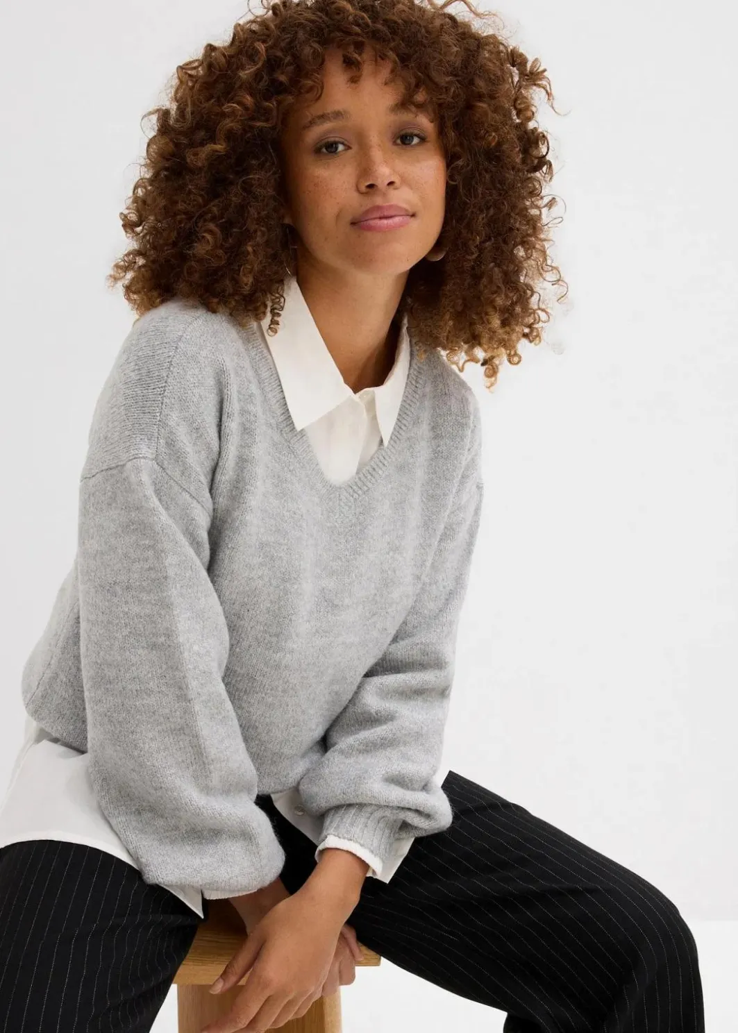 Damen bonprix Pullover & Strickjacken|Basics|Pullover mit V-Ausschnitt