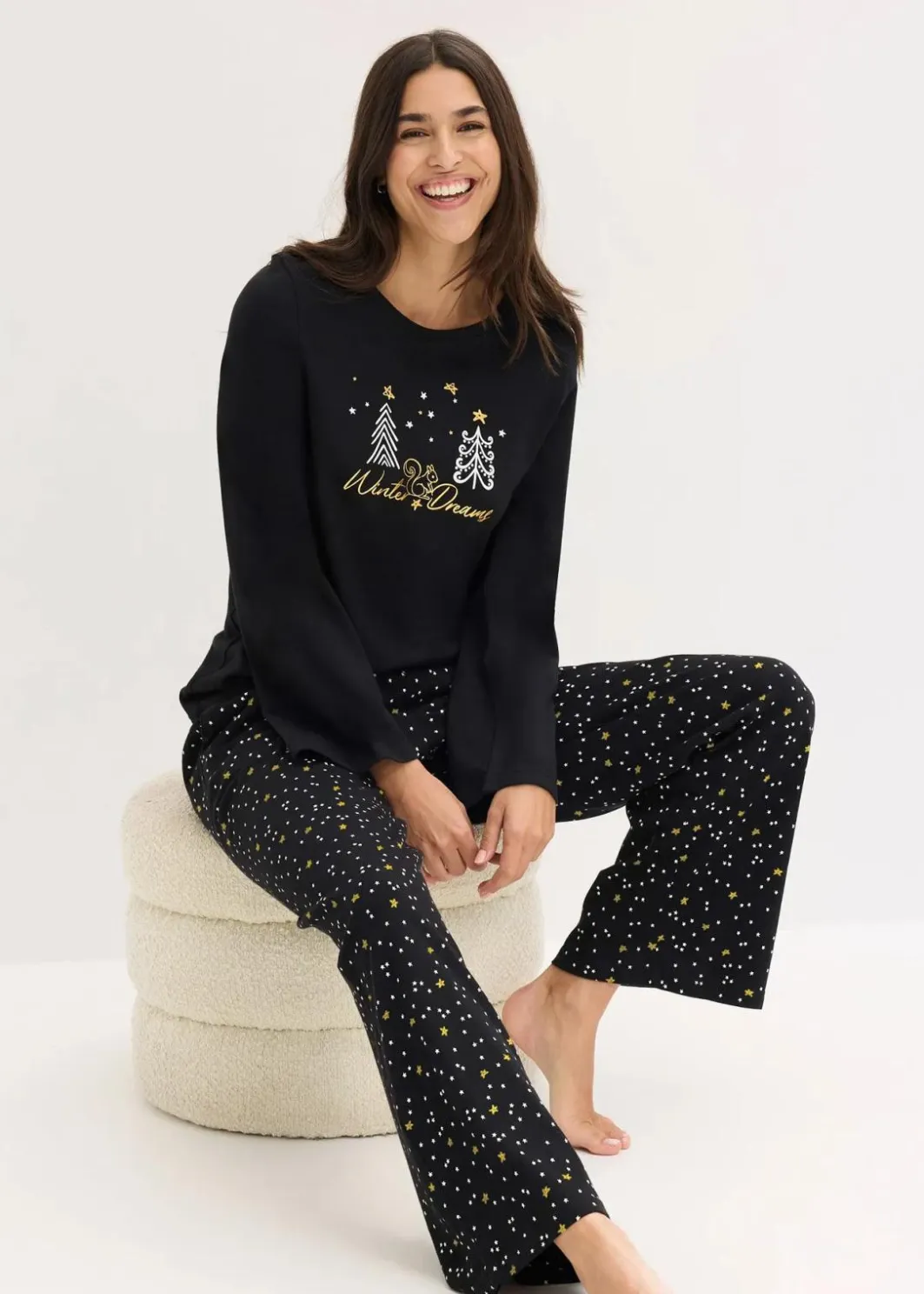 Pyjama aus reiner Baumwolle mit Glitzerdruck Damen Wäsche·Nachtwäsche|Nachtwäsche