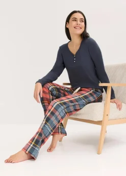 Damen bonprix Wäsche·Nachtwäsche|Nachtwäsche|Pyjama mit Rippshirt und Flanellhose aus Glitzergarn