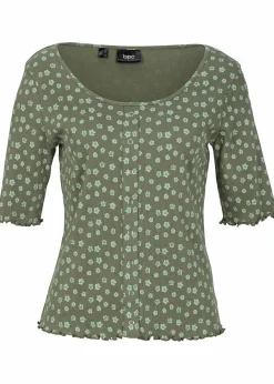 Sale Ripp-Shirt mit Blumendruck, Halbarm Damen Shirts & Tops