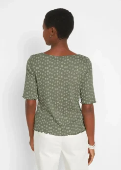 Sale Ripp-Shirt mit Blumendruck, Halbarm Damen Shirts & Tops
