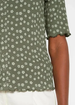 Sale Ripp-Shirt mit Blumendruck, Halbarm Damen Shirts & Tops