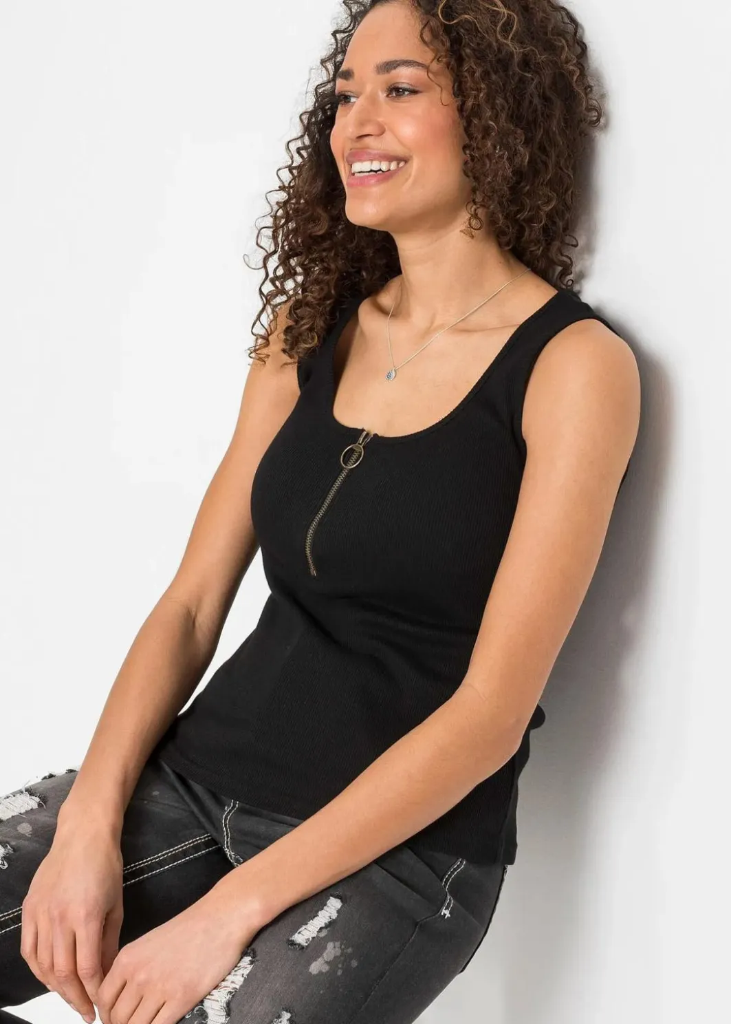 Damen bonprix Nachhaltigere Materialien|Shirts & Tops|Ripp-Top mit Reißverschluss