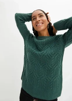 Damen bonprix Strickmode|Pullover & Strickjacken|Rundhals-Pullover mit Zopfmuster