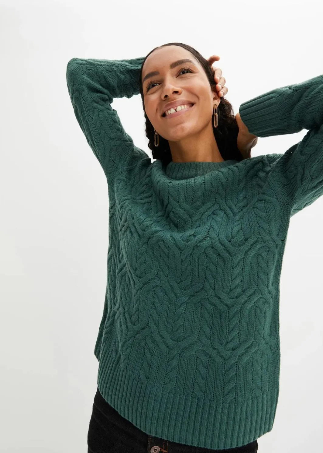Damen bonprix Strickmode|Pullover & Strickjacken|Rundhals-Pullover mit Zopfmuster