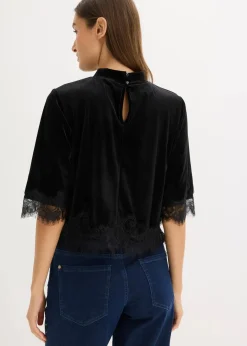 Damen bonprix Shirts & Tops|Samtshirt mit Spitze