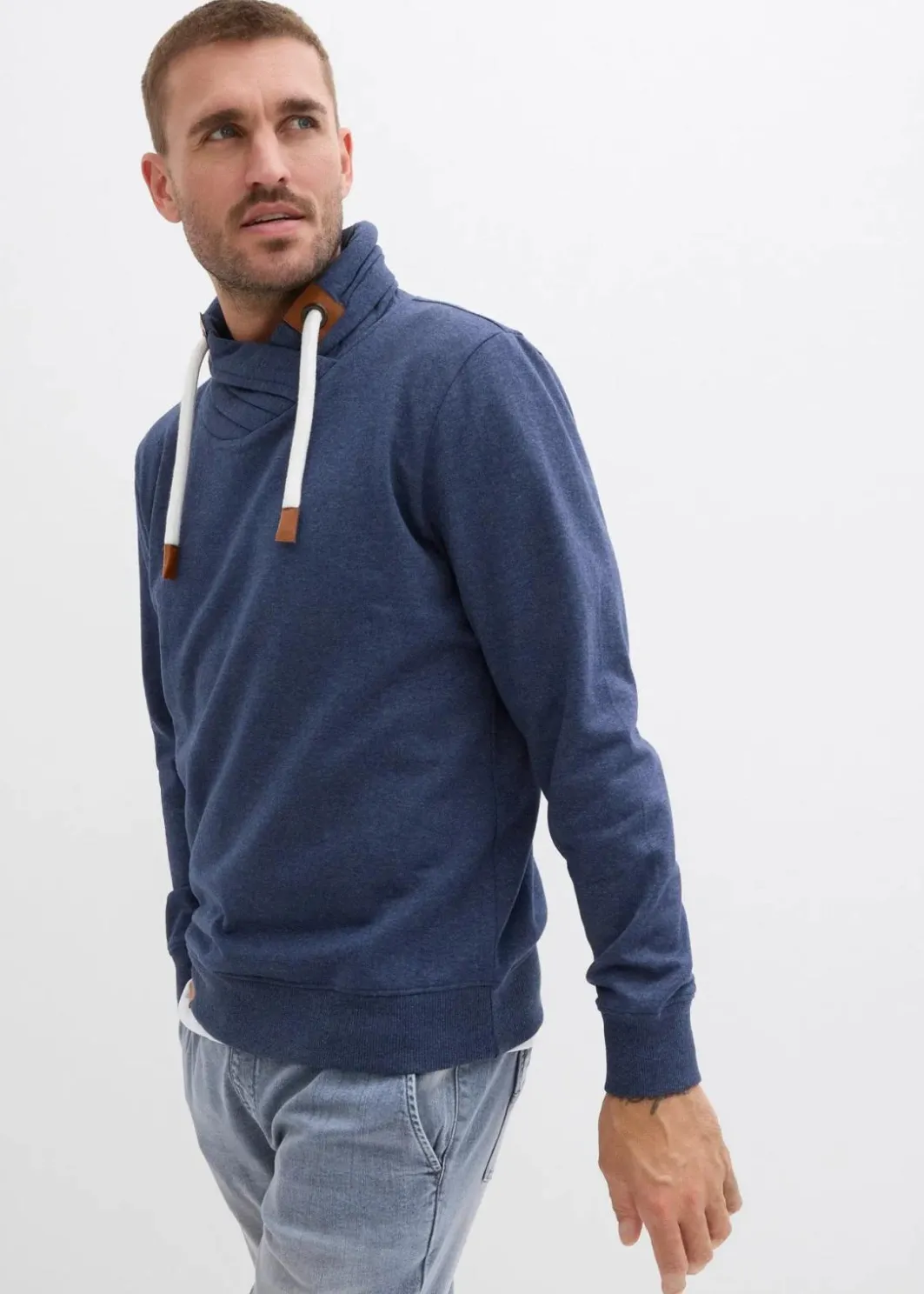 Herren bonprix Große Größen|Sweat|Schalkragen-Sweatshirt mit Lederimitat Details