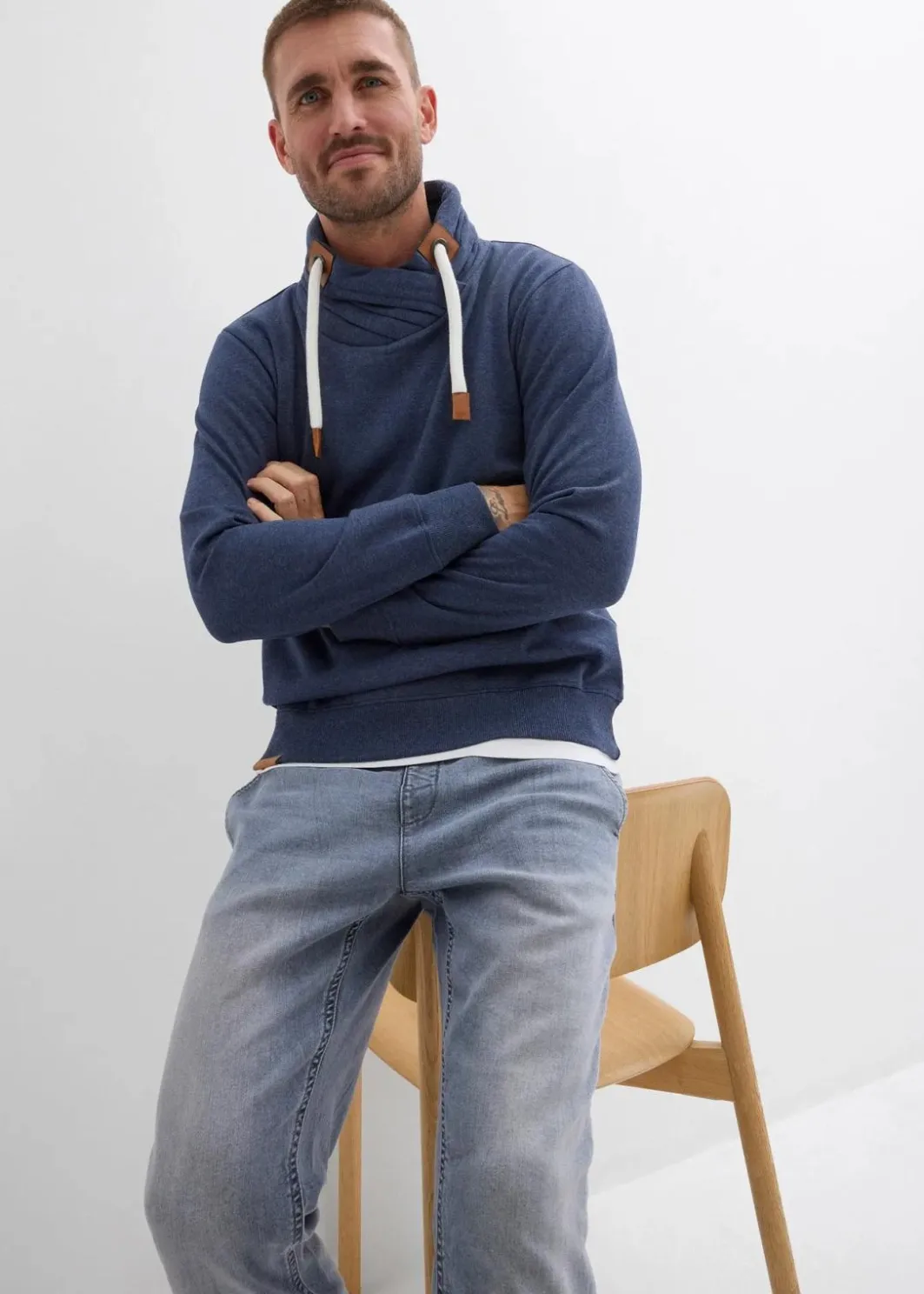 Herren bonprix Große Größen|Sweat|Schalkragen-Sweatshirt mit Lederimitat Details