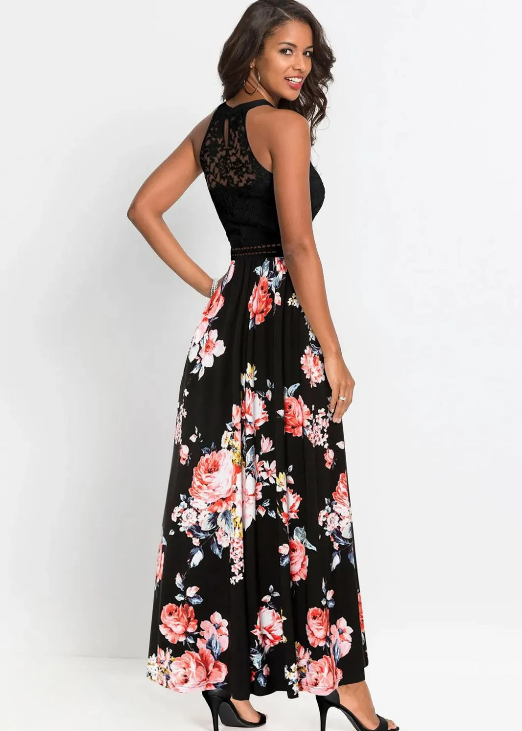 Outlet Sommer-Maxikleid mit Blumen-Print und Spitze Damen Kleider|Bekleidung·Pullover & Strickjacken