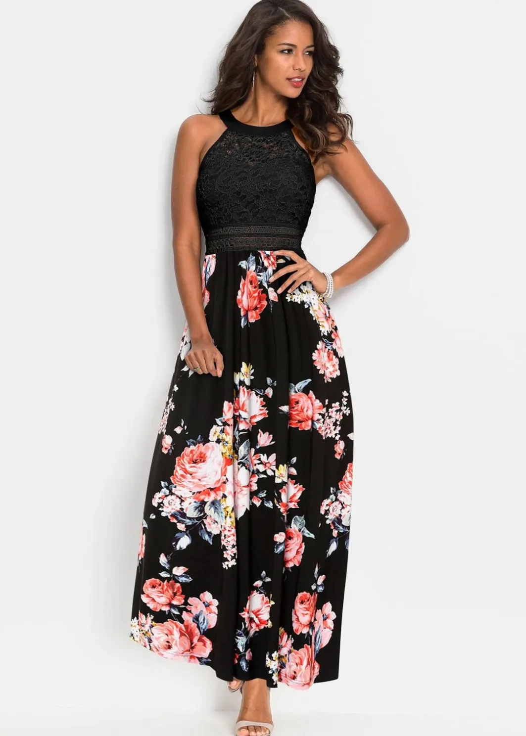 Outlet Sommer-Maxikleid mit Blumen-Print und Spitze Damen Kleider|Bekleidung·Pullover & Strickjacken