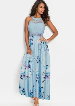 Damen bonprix Kleider|Bekleidung·Pullover & Strickjacken|Sommer-Maxikleid mit Blumen-Print und Spitze