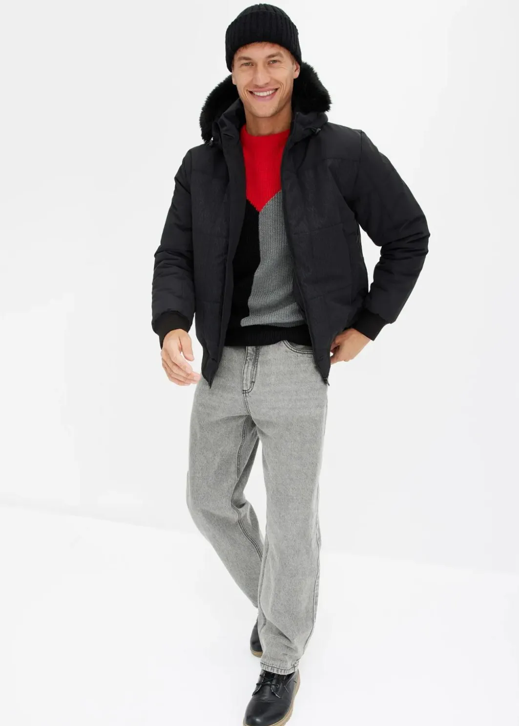 Herren bonprix Große Größen|Jacken & Mäntel|Steppjacke mit Fellkapuze in Blousonform