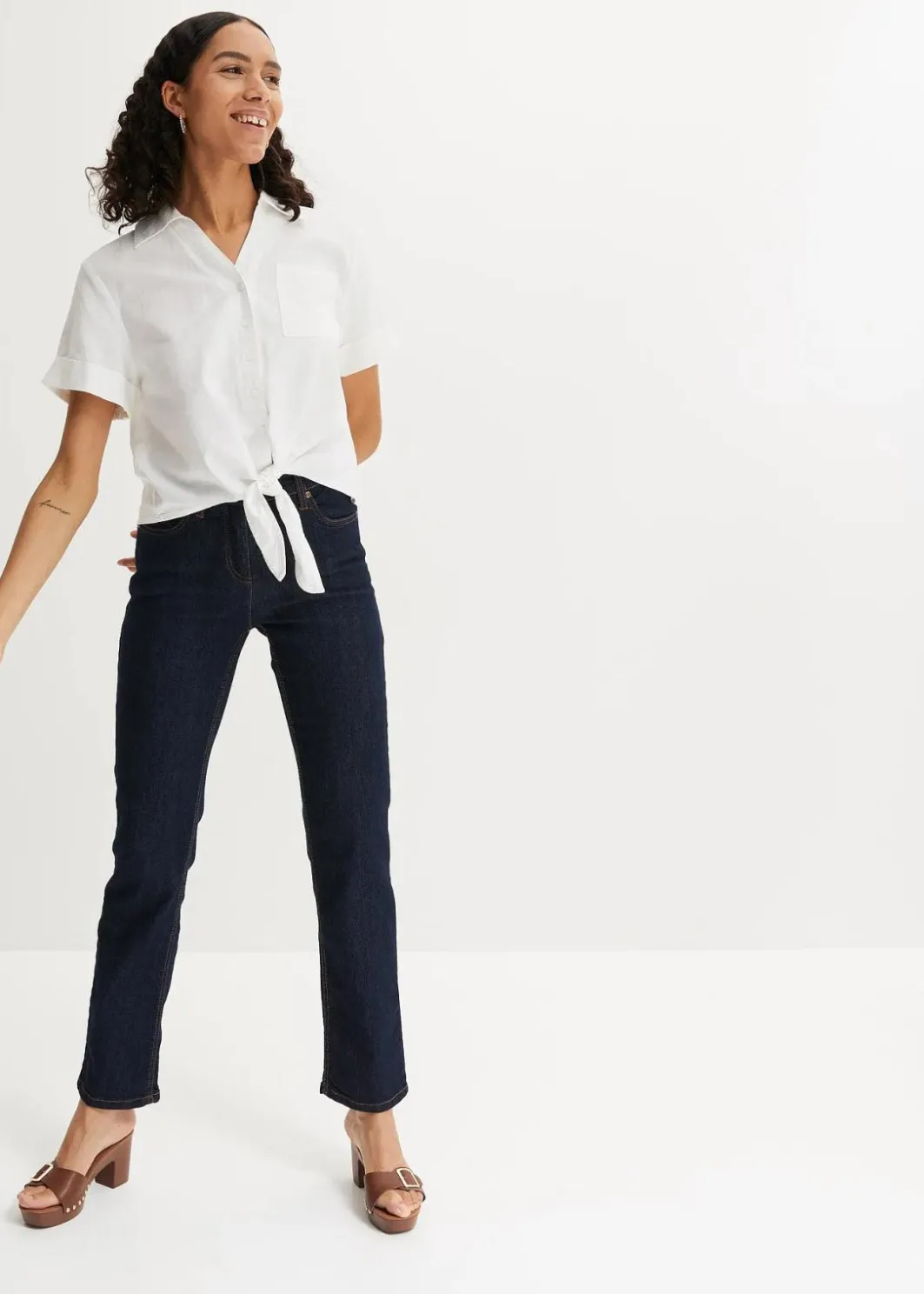 Damen bonprix Jeans|Kurzgrößen|Straight Jeans Mid Waist, Stretch