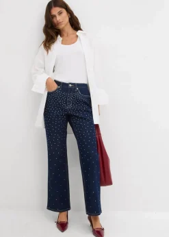 Damen bonprix Kurzgrößen|Bekleidung·Shirts & Tops|Straight-Jeans Mid Waist mit Strass