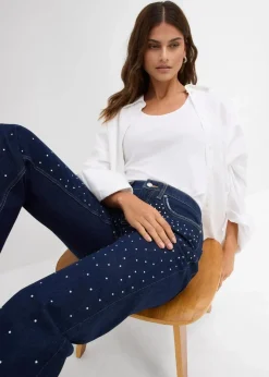 Damen bonprix Kurzgrößen|Bekleidung·Shirts & Tops|Straight-Jeans Mid Waist mit Strass