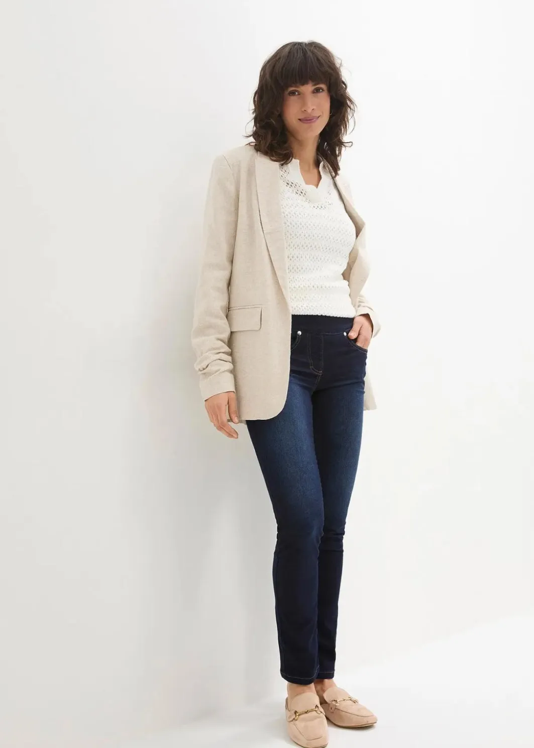 Damen bonprix Jeans|Kurzgrößen|Straight-Jeans Mid Waist, Super Stretch mit Bequembund