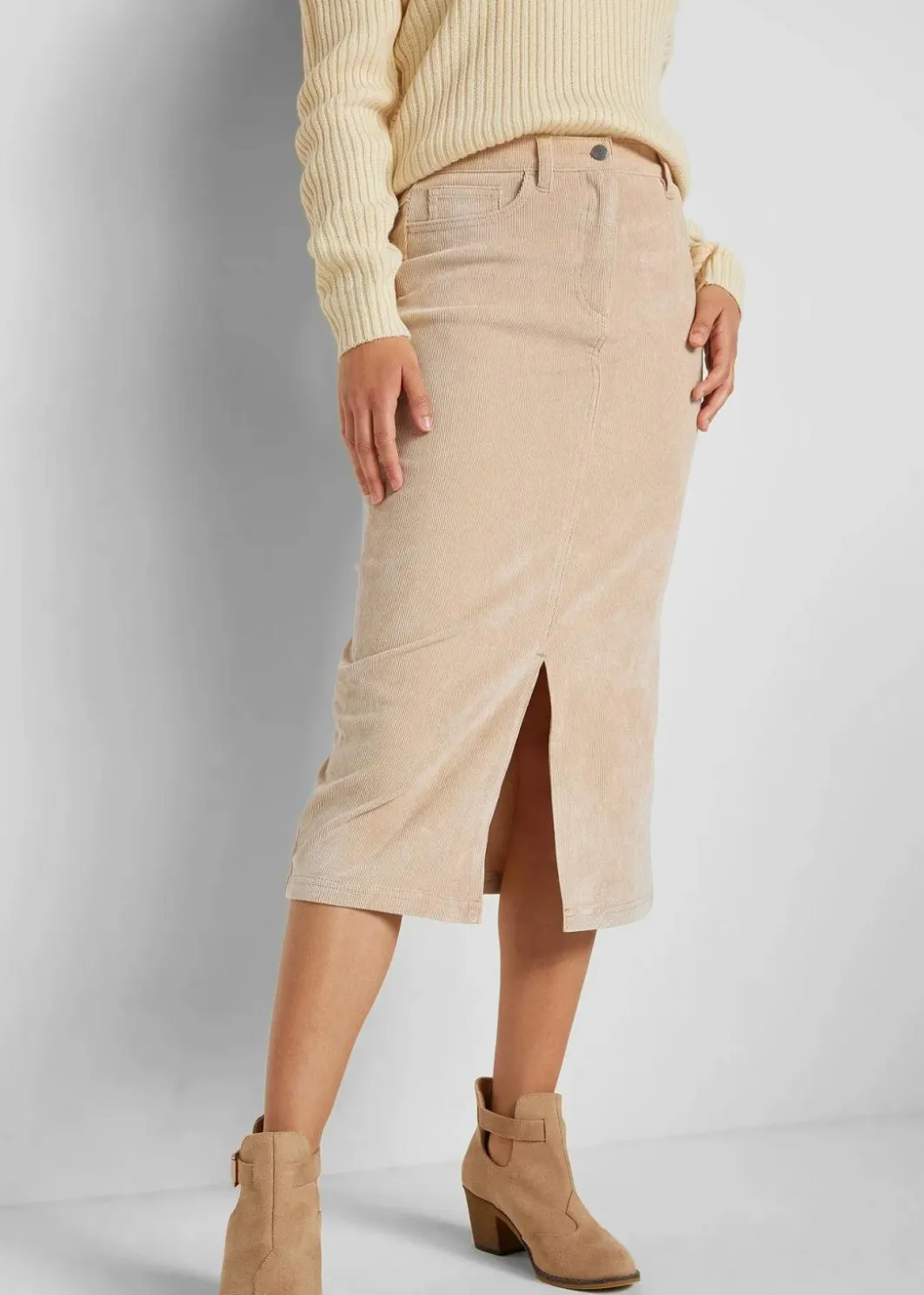 Damen bonprix Röcke|Bekleidung·Sportbekleidung|Stretch-Cord-Rock in Midilänge