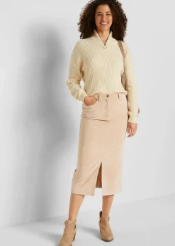 Damen bonprix Röcke|Bekleidung·Sportbekleidung|Stretch-Cord-Rock in Midilänge