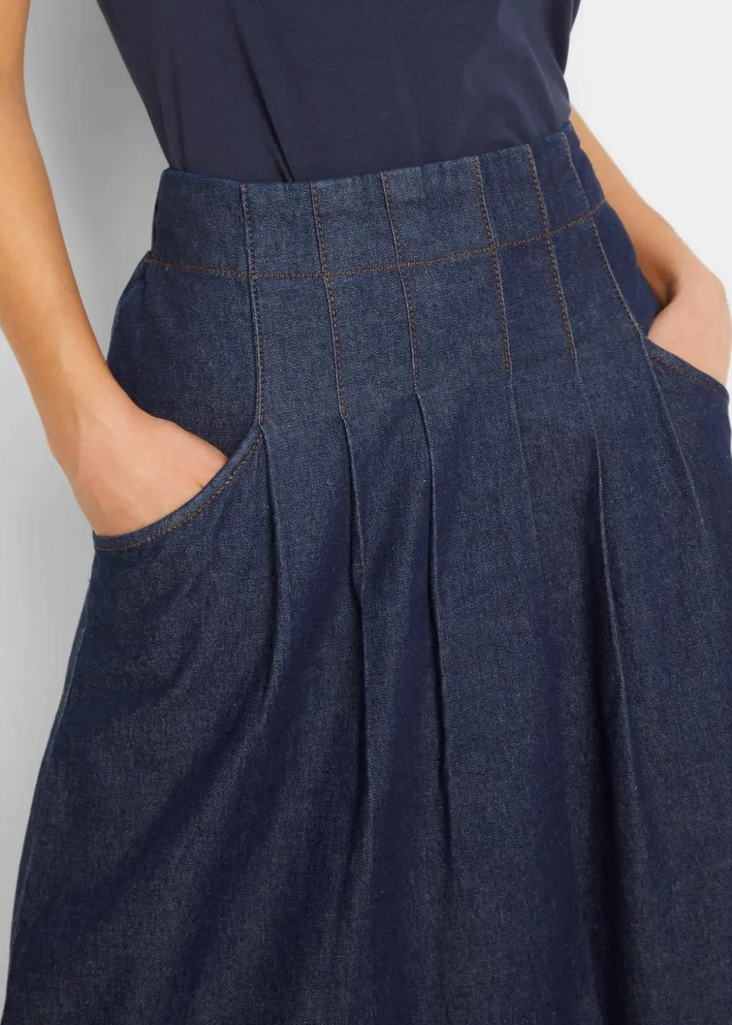 Damen bonprix Bekleidung·Sportbekleidung|Röcke|Stretch-Jeansrock mit Biesen, Bindeband und Bequembund