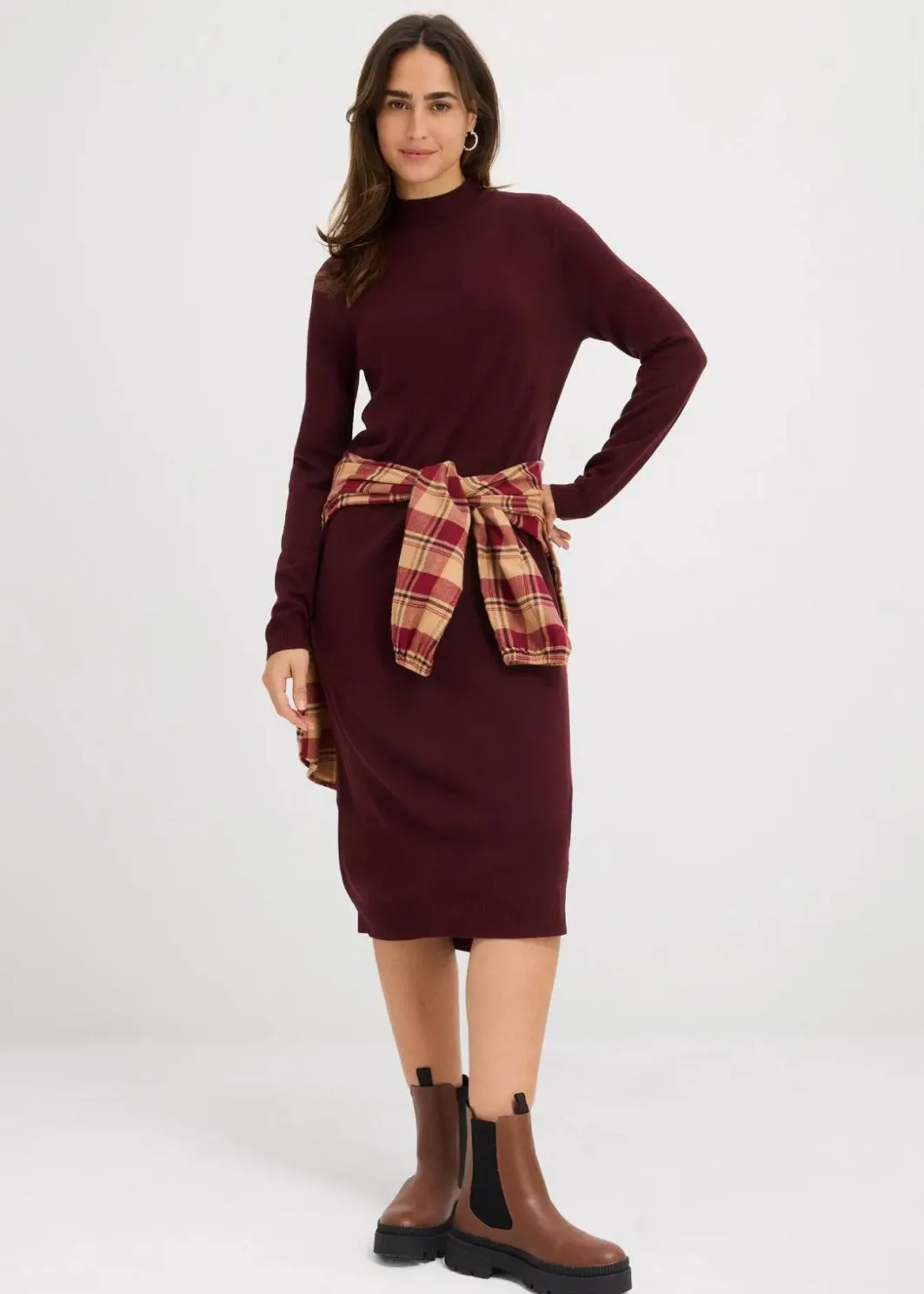 Damen bonprix Kleider|Basics|Strickkleid mit Stehkragen