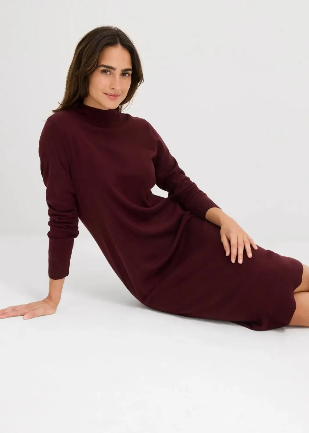 Damen bonprix Kleider|Basics|Strickkleid mit Stehkragen