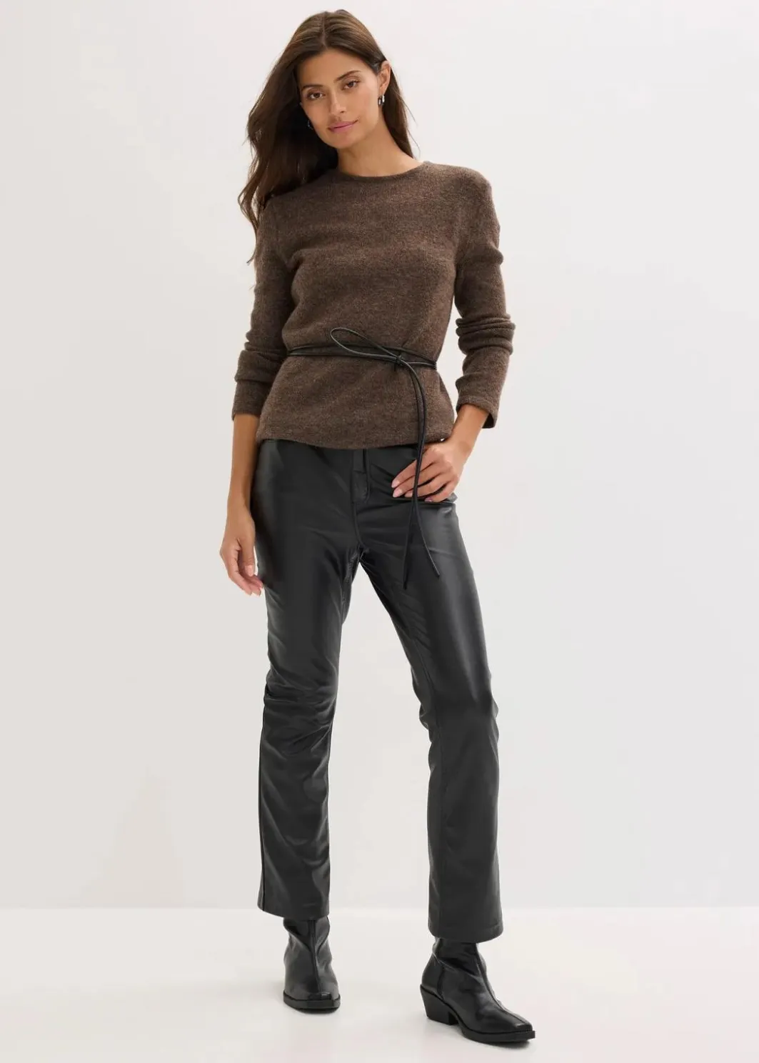 Damen bonprix Bekleidung·Umstandsmode|Strickmode|Strickshirt mit Wollanteil und Lederimitat- Bindeband