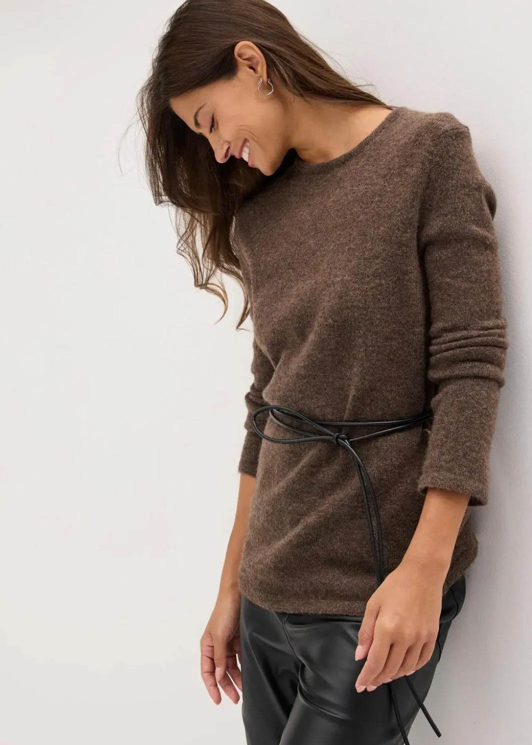 Damen bonprix Bekleidung·Umstandsmode|Strickmode|Strickshirt mit Wollanteil und Lederimitat- Bindeband
