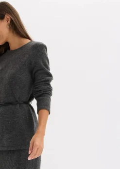 Strickshirt mit Wollanteil und Lederimitat- Bindeband Damen Bekleidung·Umstandsmode|Strickmode