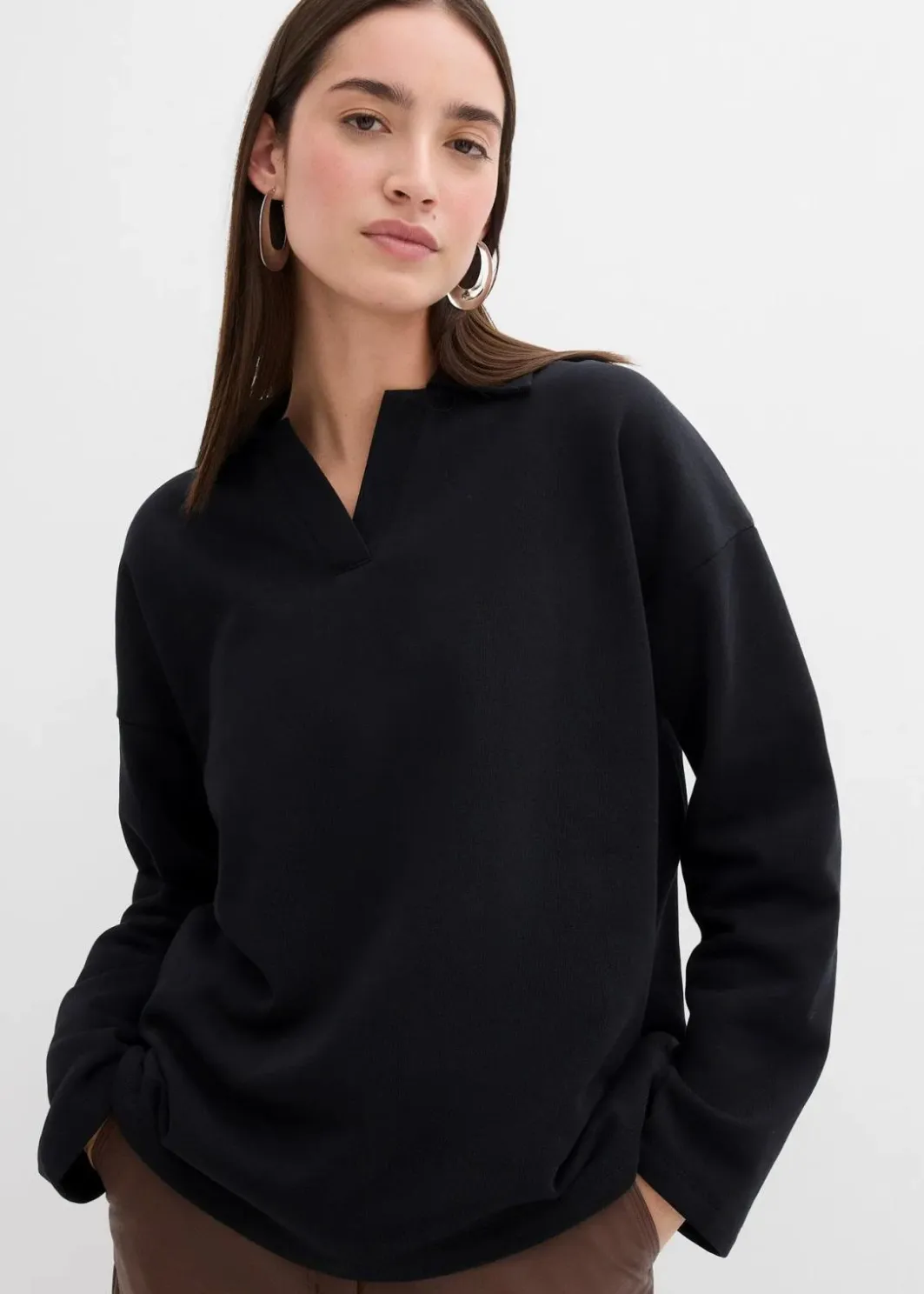 Damen bonprix Sweat|Bekleidung·Blusen & Tuniken|Sweatshirt mit gestricktem Polokragen aus Bio-Baumwolle