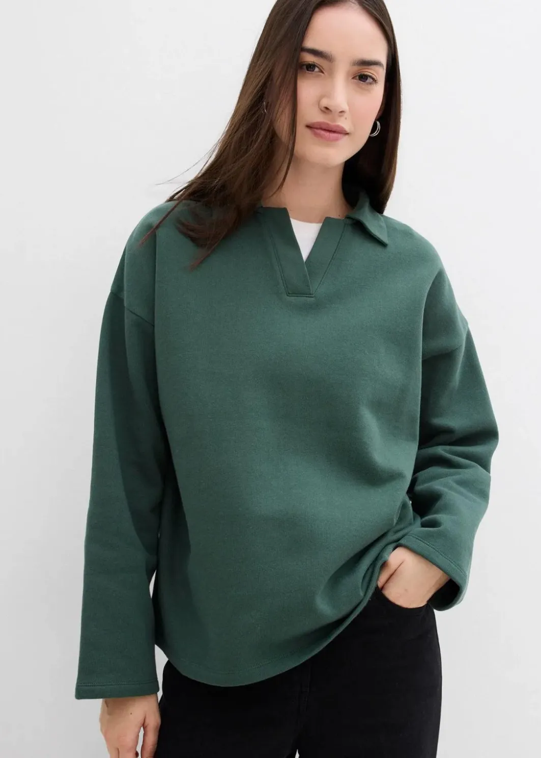 Damen bonprix Bekleidung·Blusen & Tuniken|Sweat|Sweatshirt mit gestricktem Polokragen aus Bio-Baumwolle