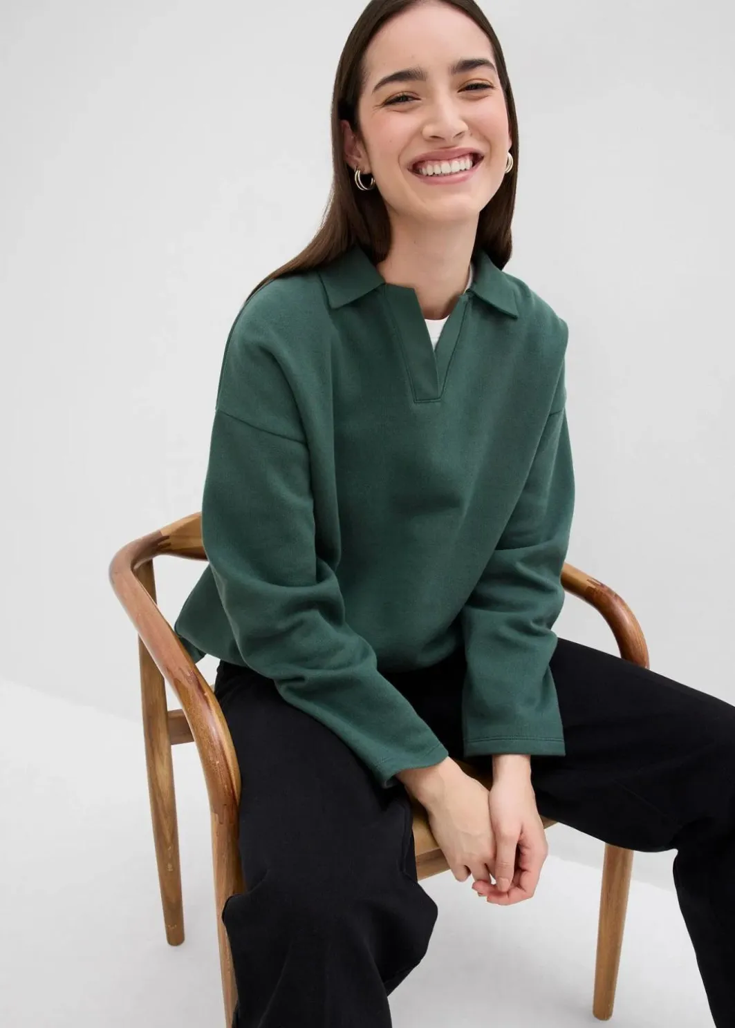 Damen bonprix Bekleidung·Blusen & Tuniken|Sweat|Sweatshirt mit gestricktem Polokragen aus Bio-Baumwolle