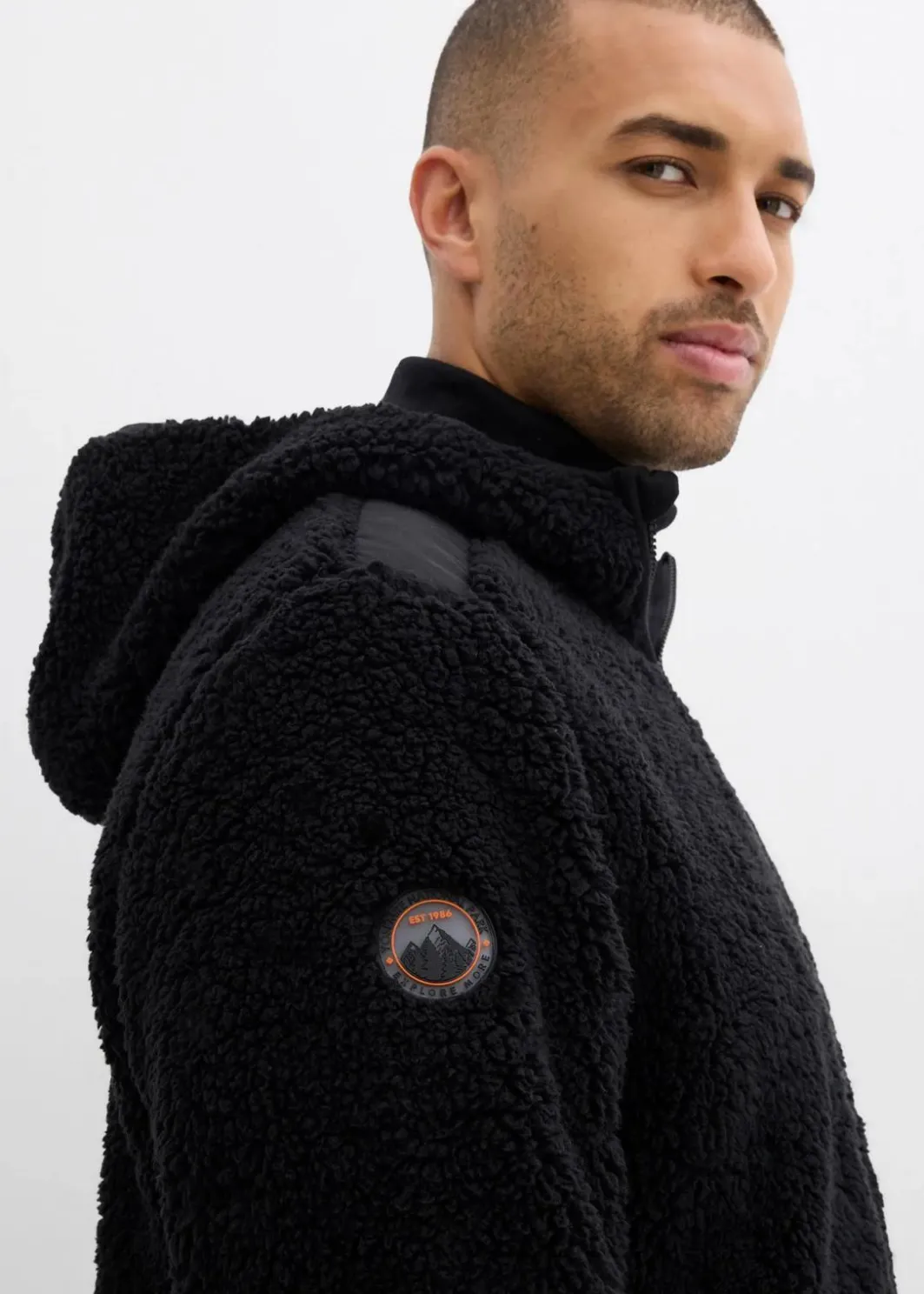 Herren bonprix Große Größen|Outdoorbekleidung|Teddy-Fleece Jacke mit Web-Besatz und Kapuze