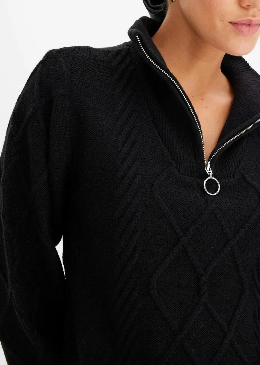 Damen bonprix Pullover & Strickjacken|Bekleidung·Jeans|Troyer Pullover mit Zopfmuster