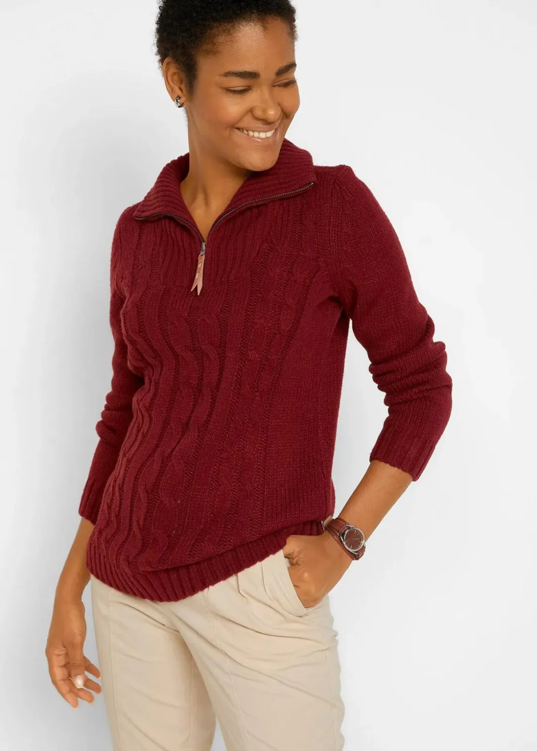 Damen bonprix Pullover & Strickjacken|Troyer Pullover mit Zopfmuster