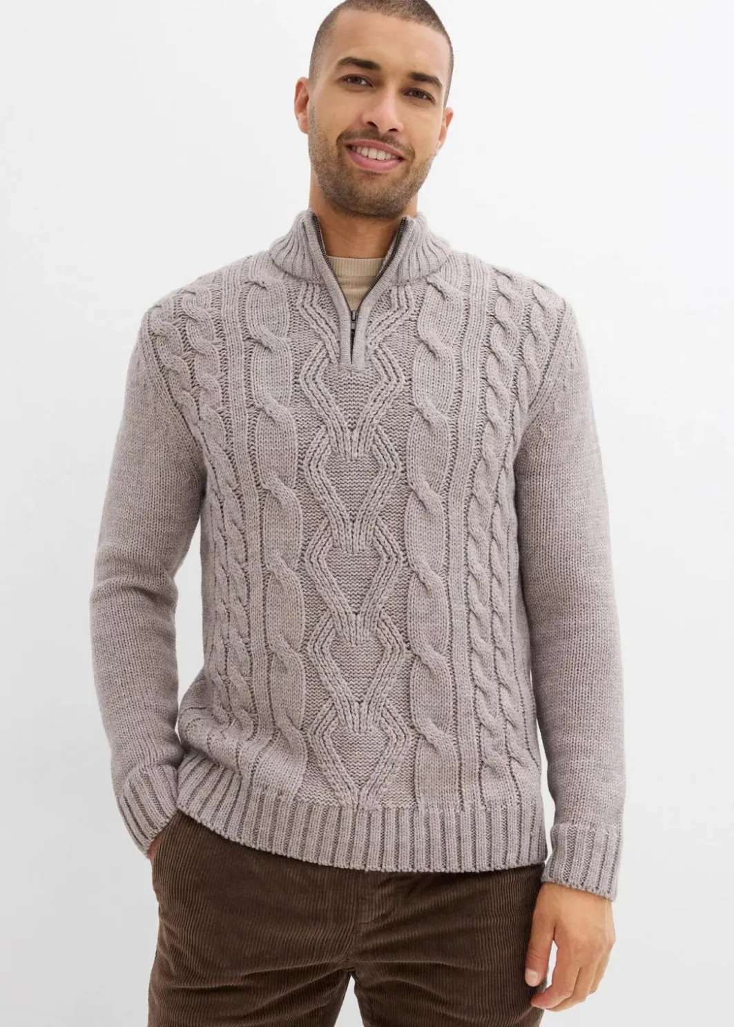 Herren bonprix Große Größen|Pullover & Strickjacken|Troyer Pullover mit Zopfmuster