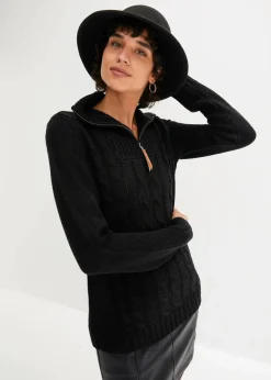 Damen bonprix Pullover & Strickjacken|Troyer Pullover mit Zopfmuster