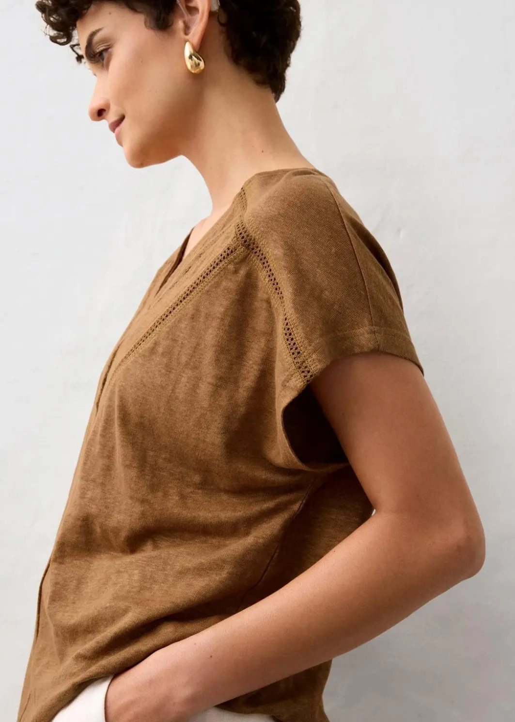 T-Shirt aus reinem Leinen mit Spitze Damen Premium|Shirts & Tops