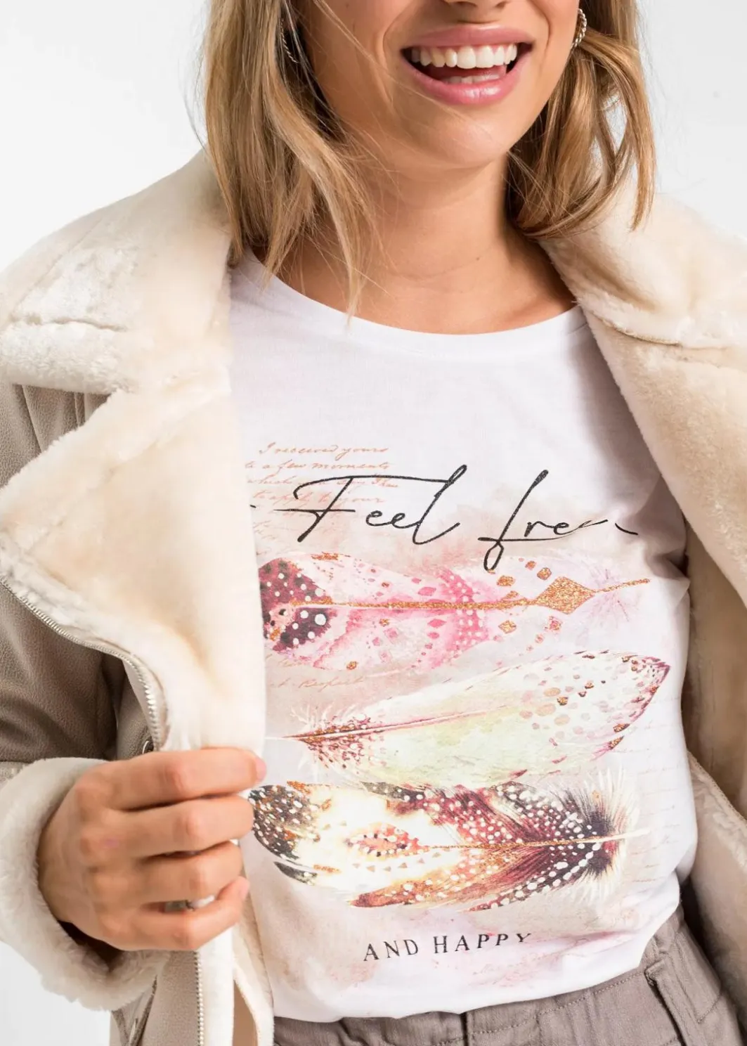 Online T-Shirt mit Federdruck Damen Shirts & Tops