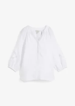 Damen bonprix Nachhaltigere Materialien|Blusen & Tuniken|Tunika aus reinem Leinen, mit Lochstickerei