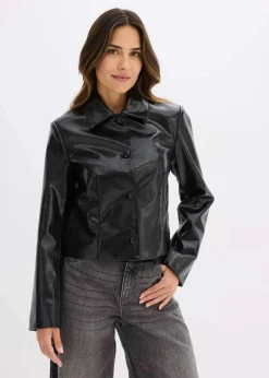 Verkürzte Lederimitat-Jacke mit glossy Krokoprägung Damen Jacken & Mäntel