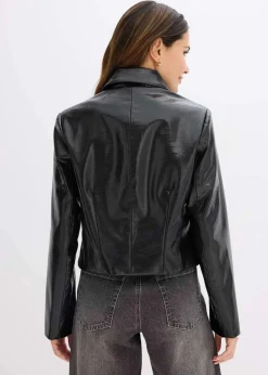Verkürzte Lederimitat-Jacke mit glossy Krokoprägung Damen Jacken & Mäntel