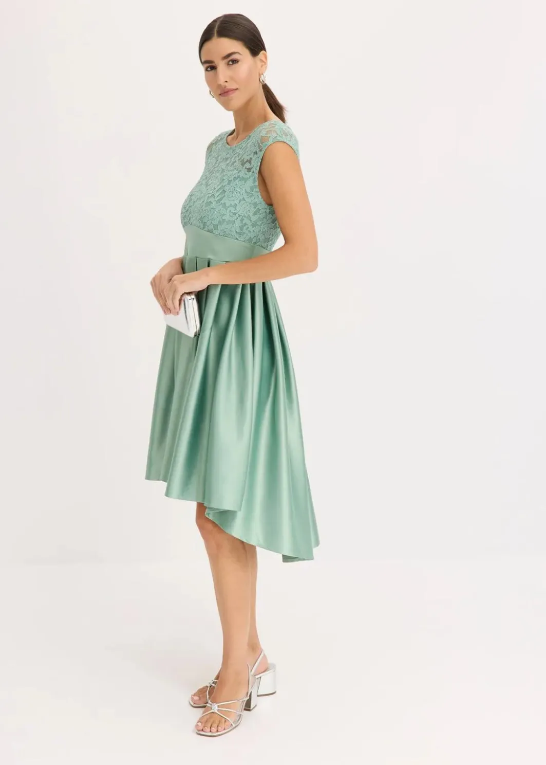 Best Vokuhila-Kleid aus glänzendem Satin mit Spitze Damen Bekleidung·Pullover & Strickjacken|Festliche Mode