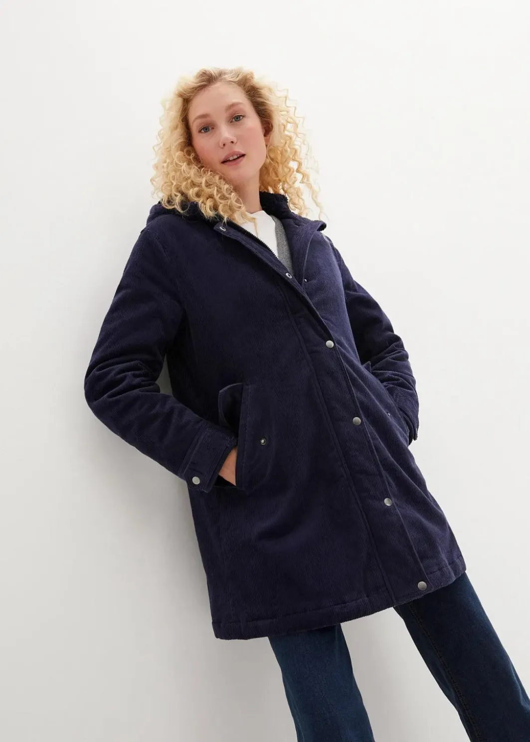 Damen bonprix Jacken & Mäntel|Bekleidung·Hosen|Warmer Cord-Parka mit Teddy-Futter in der Kapuze, in A-Linie