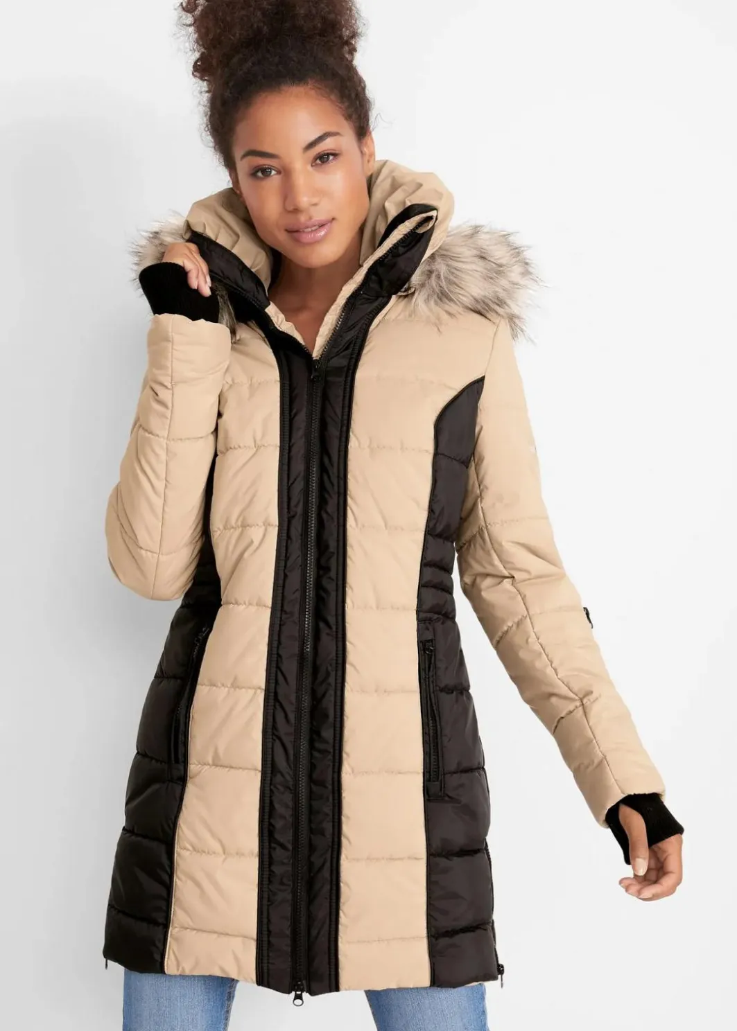 Damen bonprix Jacken & Mäntel|Bekleidung·Hosen|wasserabweisender Outdoor-Kurzmantel mit Fellimitat
