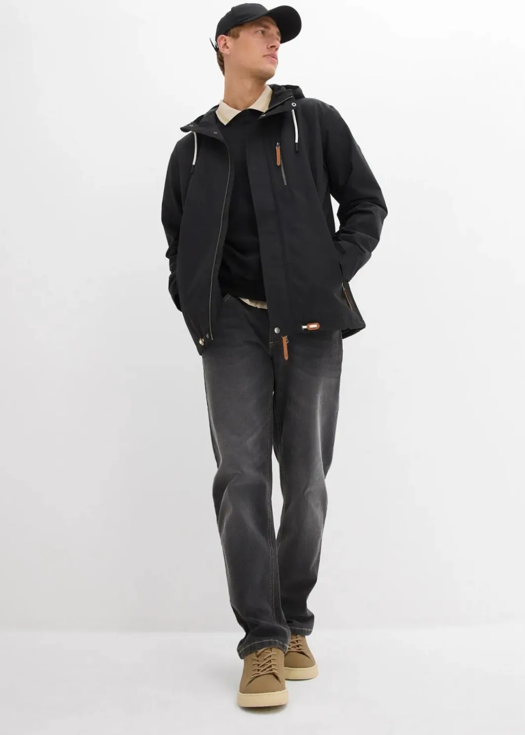 Herren bonprix Große Größen|Jacken & Mäntel|wassserabweisende Funktionsjacke mit Kapuze und Lederimitat-Details