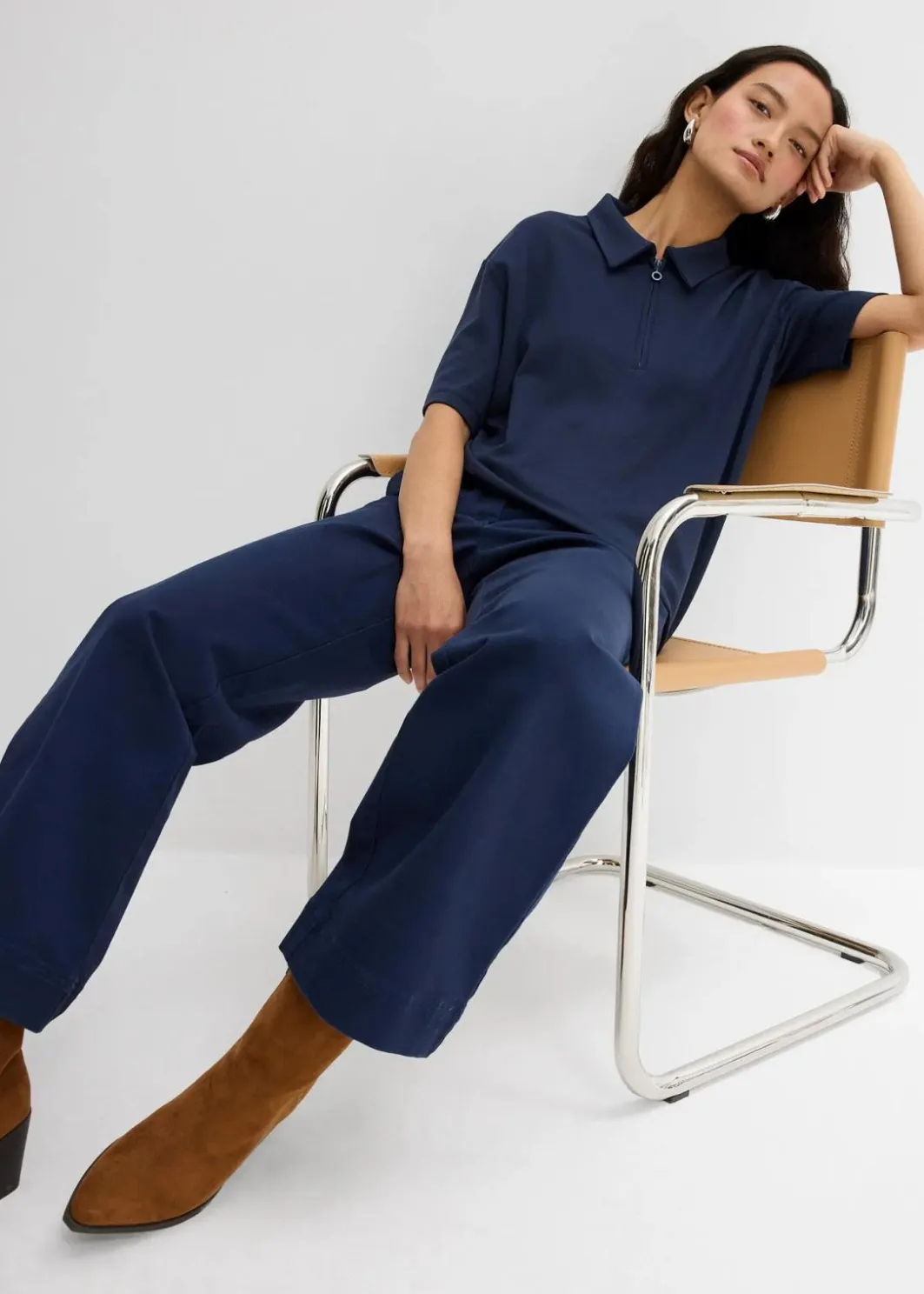 Damen bonprix Bekleidung·Kleider|Zweiteiler & Sets|Weite 7/8 Hose aus elastischem Bio-Baumwoll-Mix
