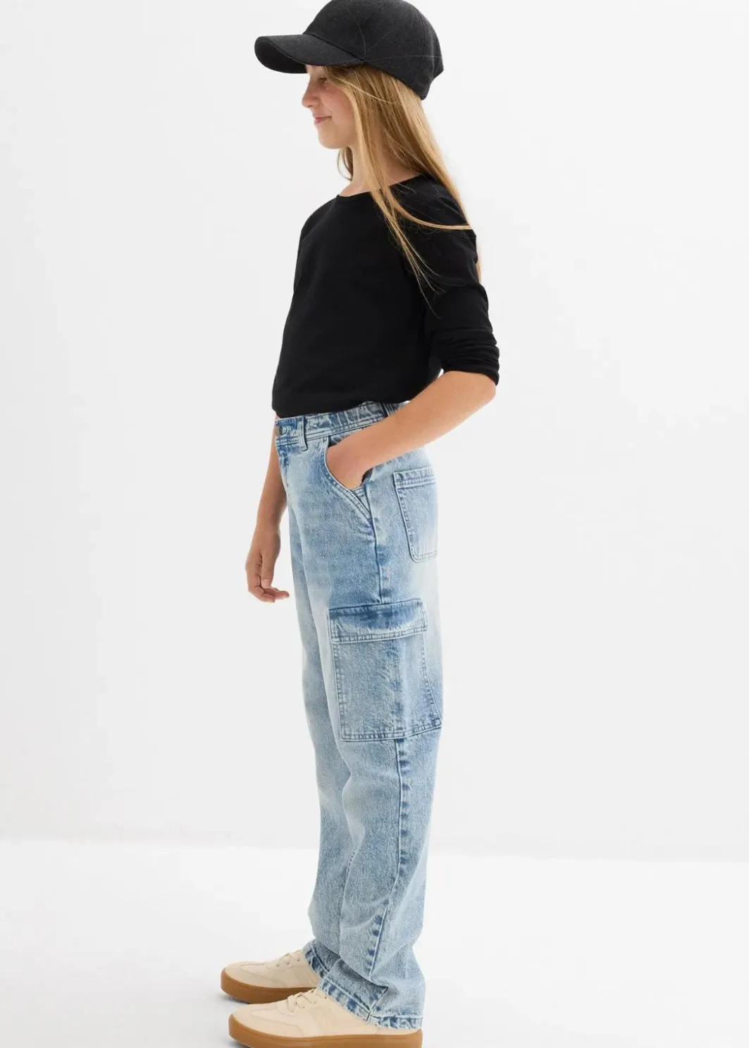Kinder bonprix Mädchen 9-16 Jahre·Jeans|Weite Cargo-Jeans Mid Waist