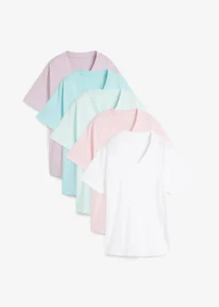 Damen bonprix Shirts & Tops|Basics|Weites Long-Shirt mit V-Ausschnitt, Kurzarm (5er Pack)