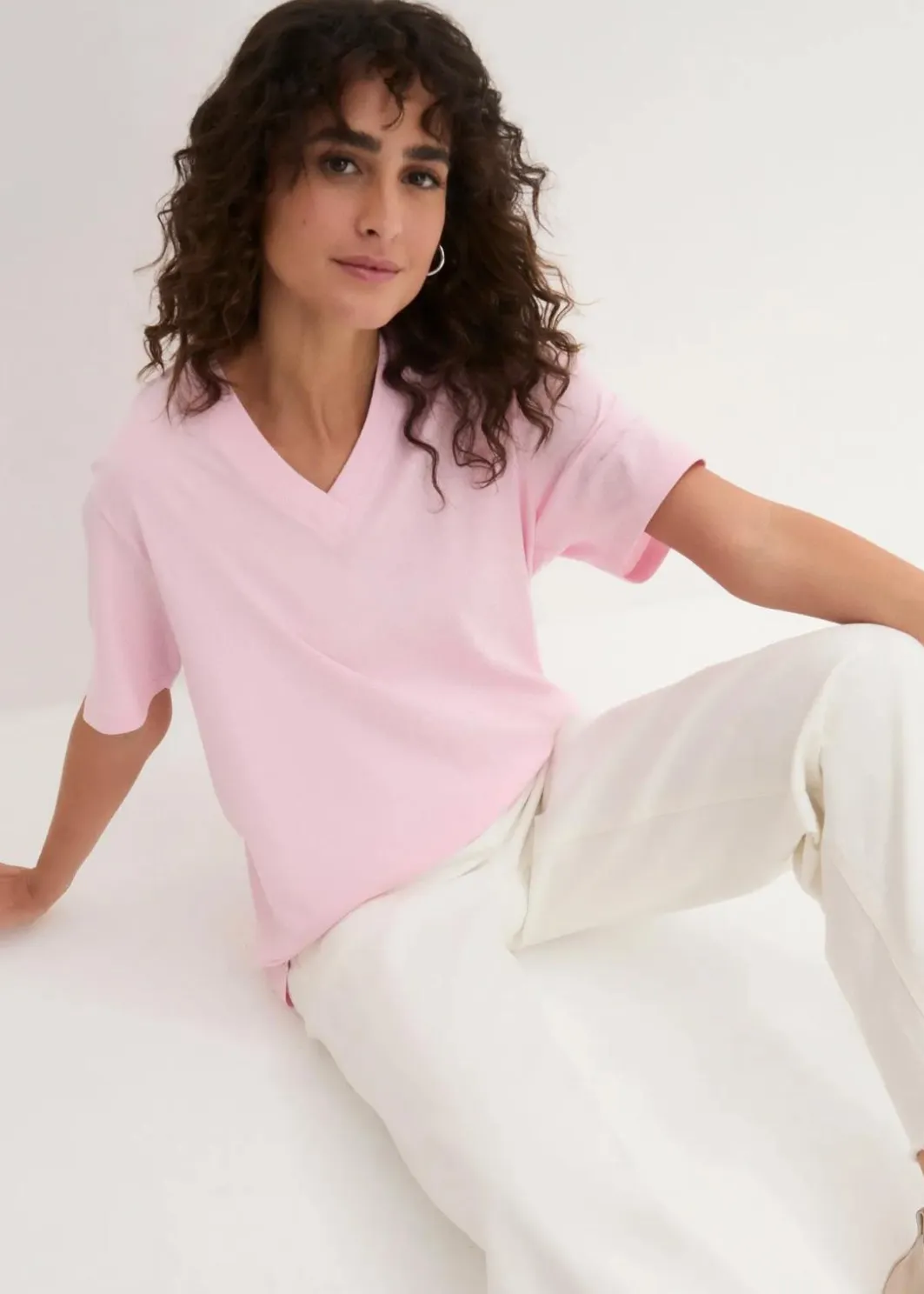 Damen bonprix Shirts & Tops|Basics|Weites Long-Shirt mit V-Ausschnitt, Kurzarm (5er Pack)